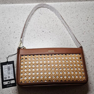 New - Hugo Boss Sandy Shoulder Bag Rattan Woven Leather Brown Tan